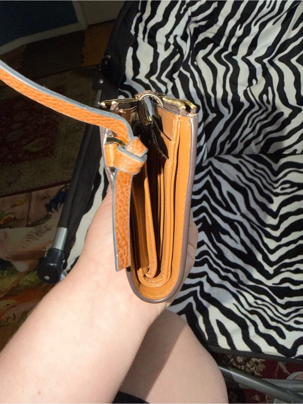 Michael Kors Brown Wristlet with Blue and Light Blue Stripes